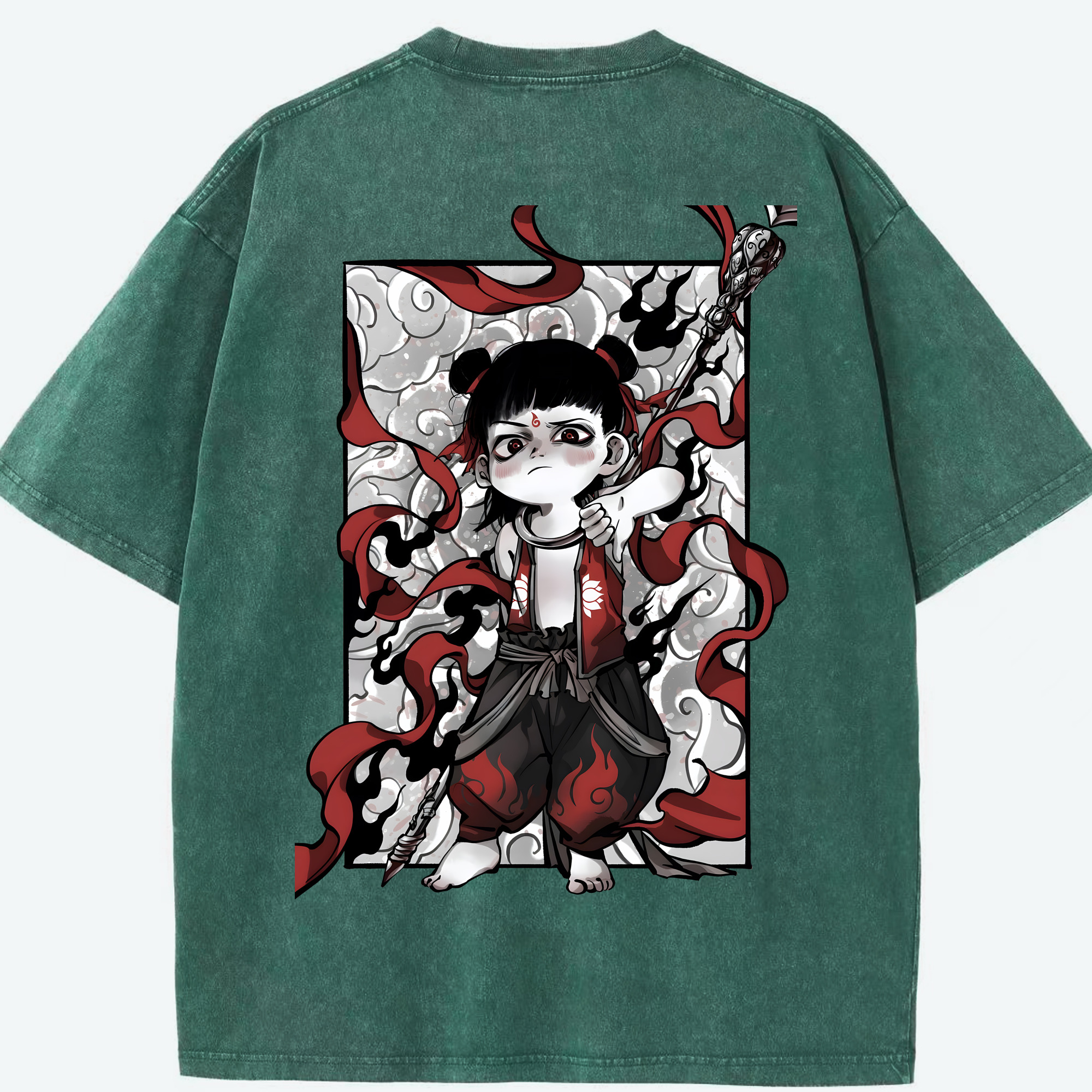（画像用） Ne Zha 2 ナタ 魔童の大暴れ 綿100% ヴィンテージ風 半袖Tシャツ（背面プリント）